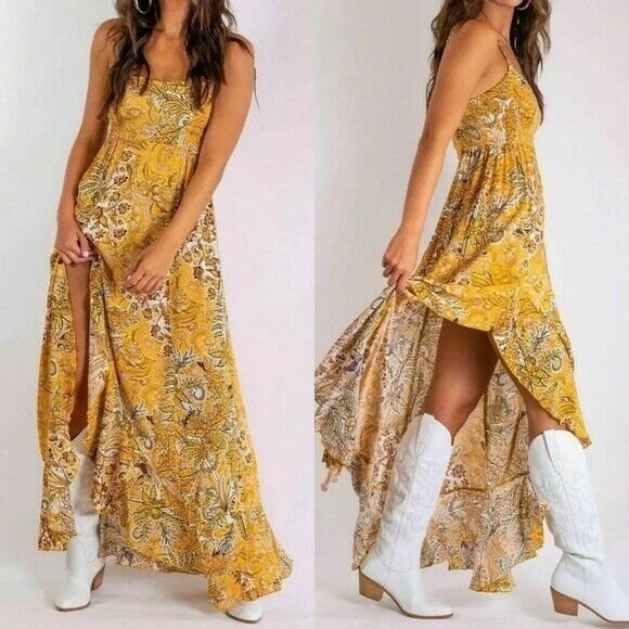 Free People Dresses & Skirts - Free People Forever Yours Smocked Maxi Slip Dress Gold / Yellow Combo Sz XS